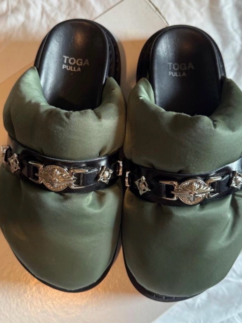 TOGA Pulla Olive Green Quilted Slide Mules with Silver-Tone Hardware